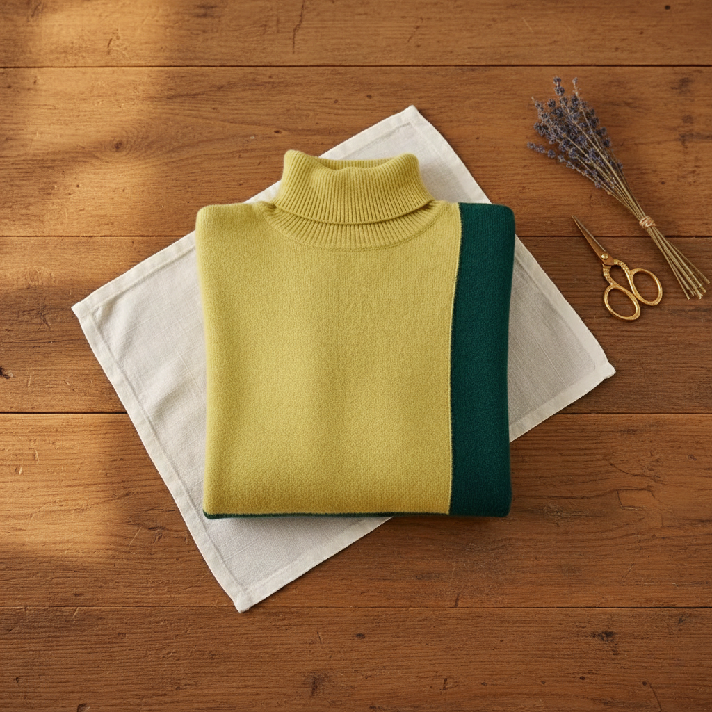Maglione di Cotone a Collo Alto in Agrumi e Verde Smeraldo