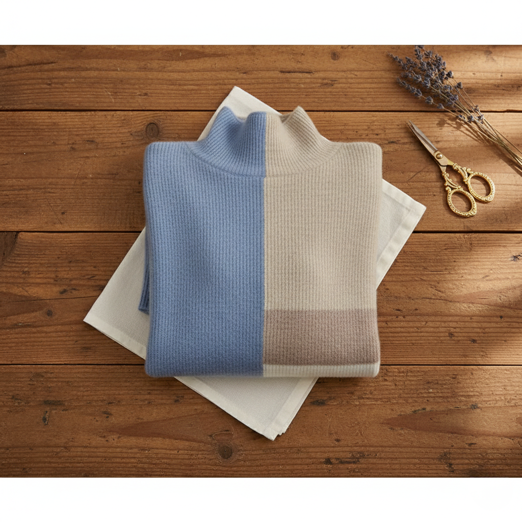 Kaschmir-Pullover mit Blockmuster Blau-Beige