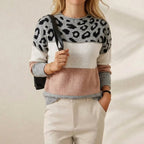 Baumwollpullover Creme mit Leopardenmuster