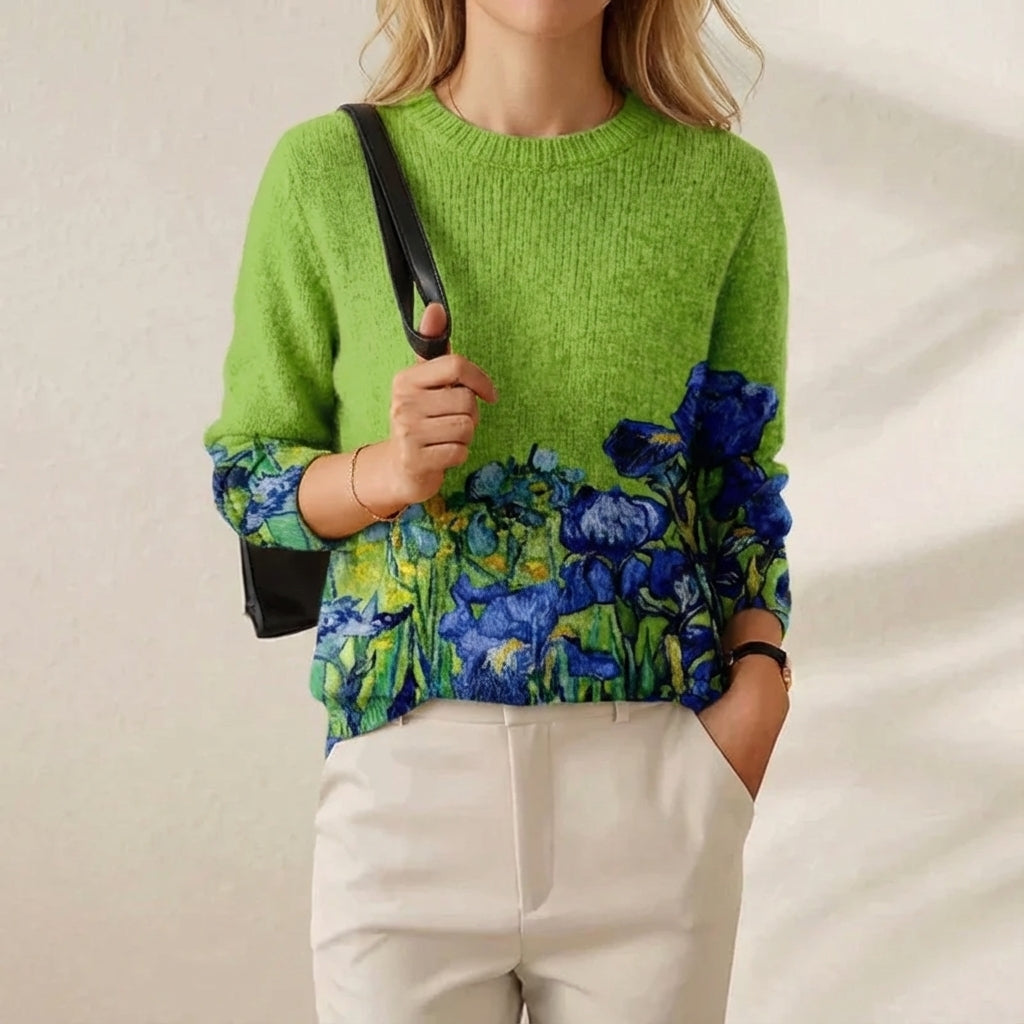 Pull en Coton Vert avec Motif Fleurs Bleues