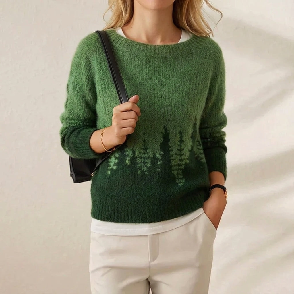 Baumwoll-Mohair-Pullover Grün mit Tannenmuster