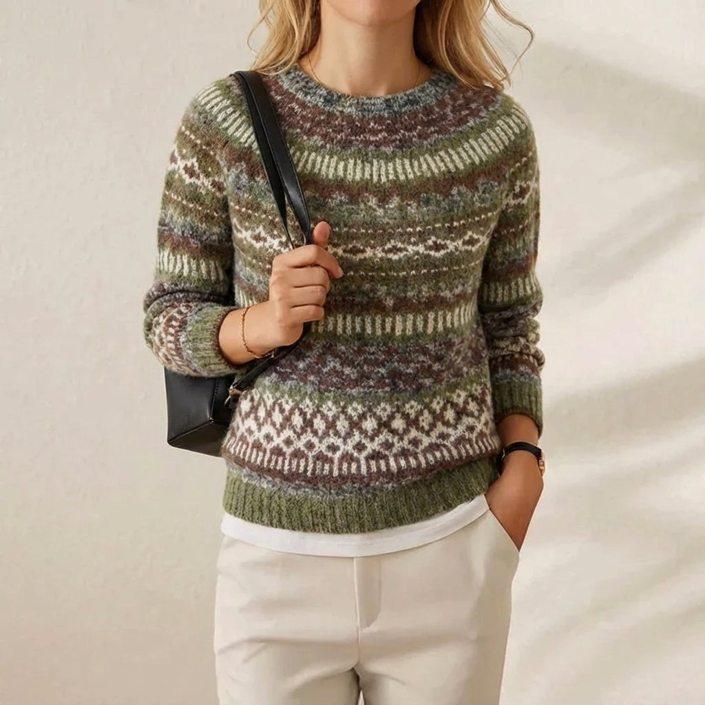 Pull en Coton Olive avec Motif Abstrait