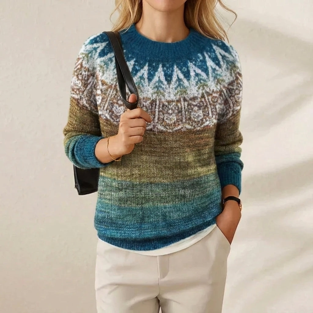 Pull en Coton avec Motif Nordique Dégradé Bleu