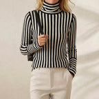 Jersey De Cuello Alto De Cashmere Con Rayas Verticales Negro-Blanco