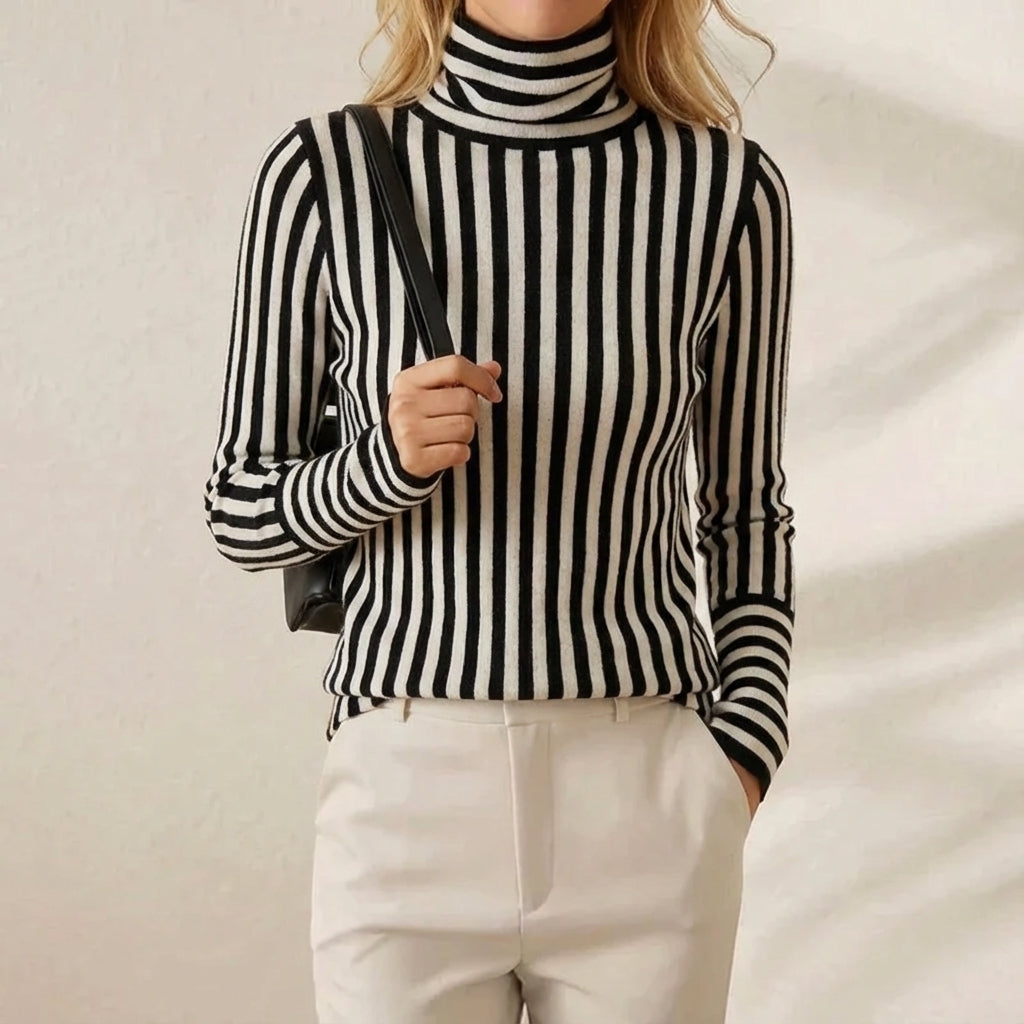 Col Roulé en Cachemire à Rayures Verticales Noir-Blanc