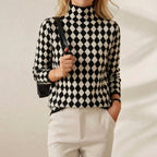 Jersey De Cuello Alto De Cashmere Pata De Gallo Negro-Blanco