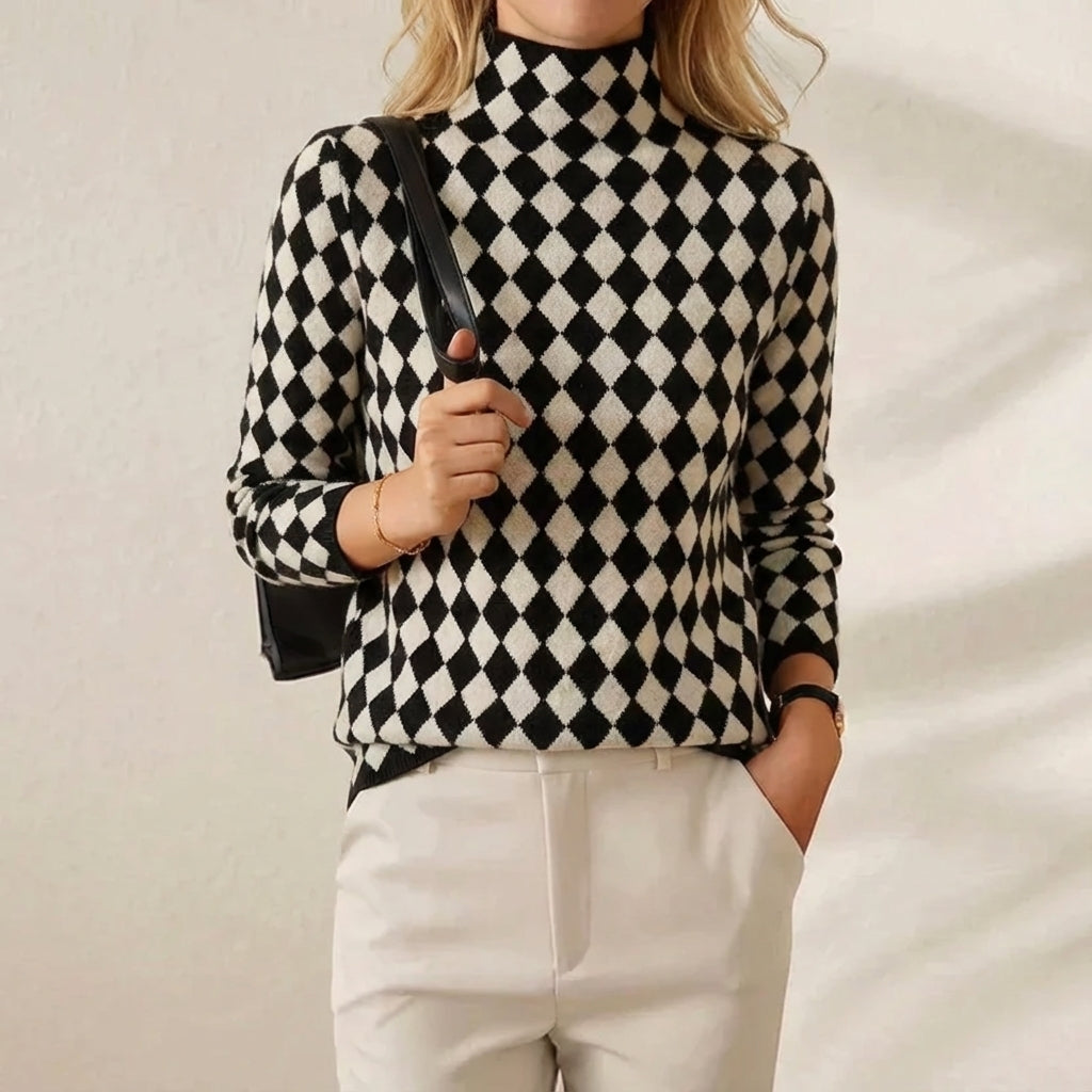 Col Roulé en Cachemire Pied de Poule Noir-Blanc