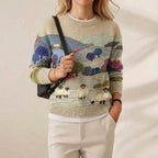 Pull en Coton Multicolore avec Paysage et Motif Mouton
