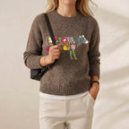 Pull en Coton Marron avec Vache et Motif Jardin Fleuri