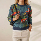 Pull en Coton Bleu Marine avec Motif Renard et Forêt