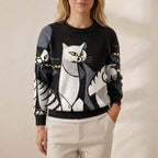 Baumwollpullover Schwarz mit Katzendesign