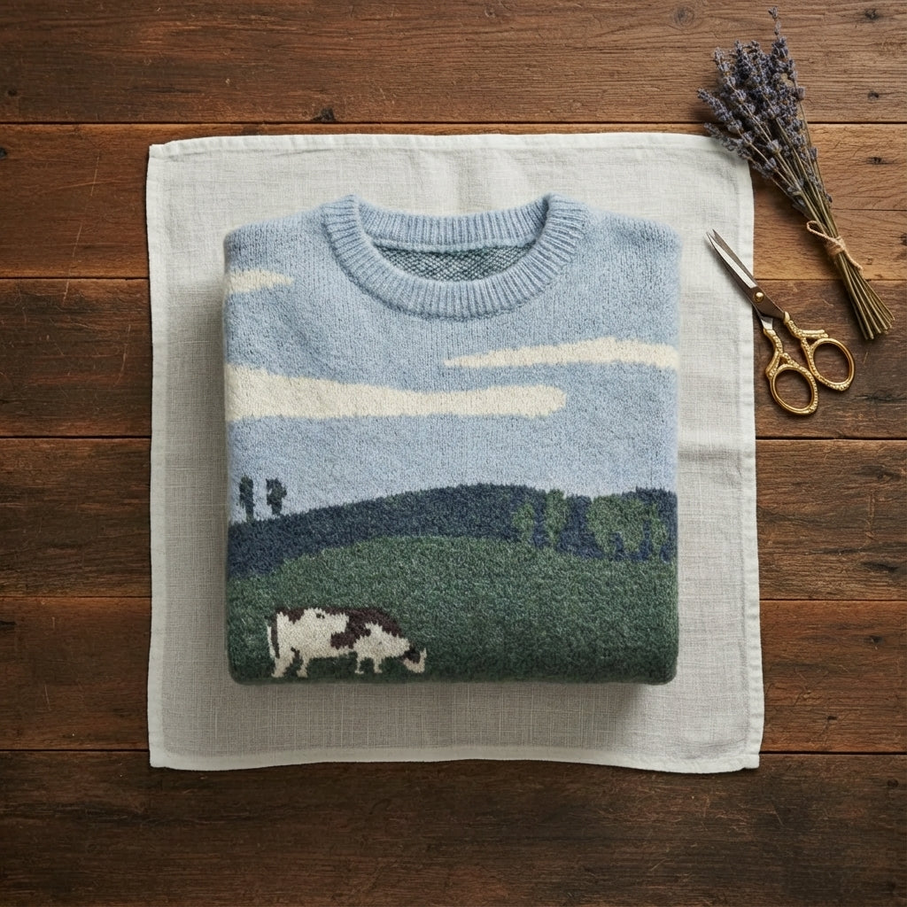 Baumwoll-Kuh-Pullover Mehrfarbig mit Landschaft