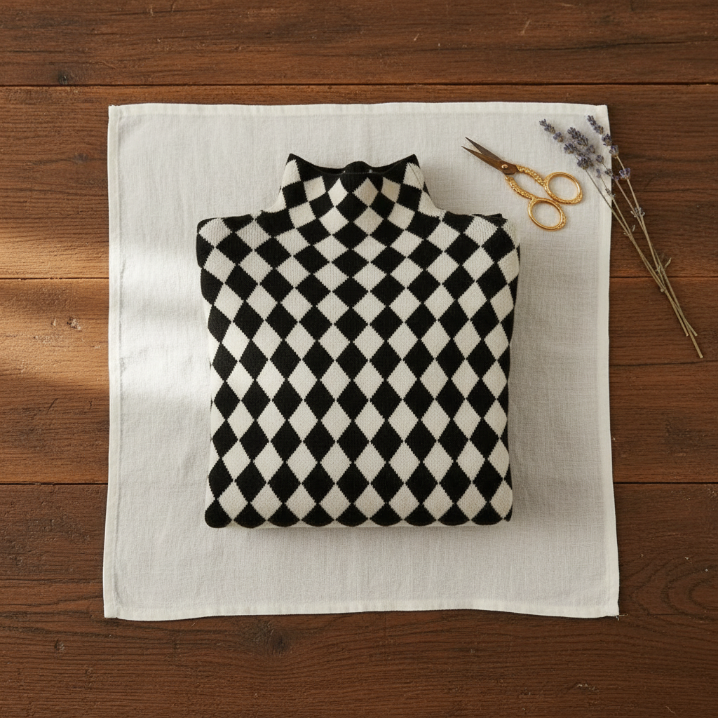 Jersey De Cuello Alto De Cashmere Pata De Gallo Negro-Blanco