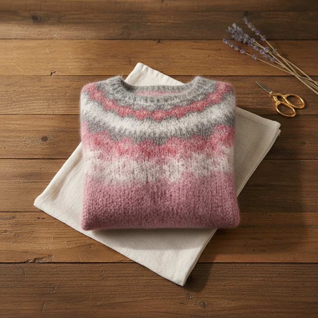 Pull en Coton et Mohair Rose avec Empiècement Nordique