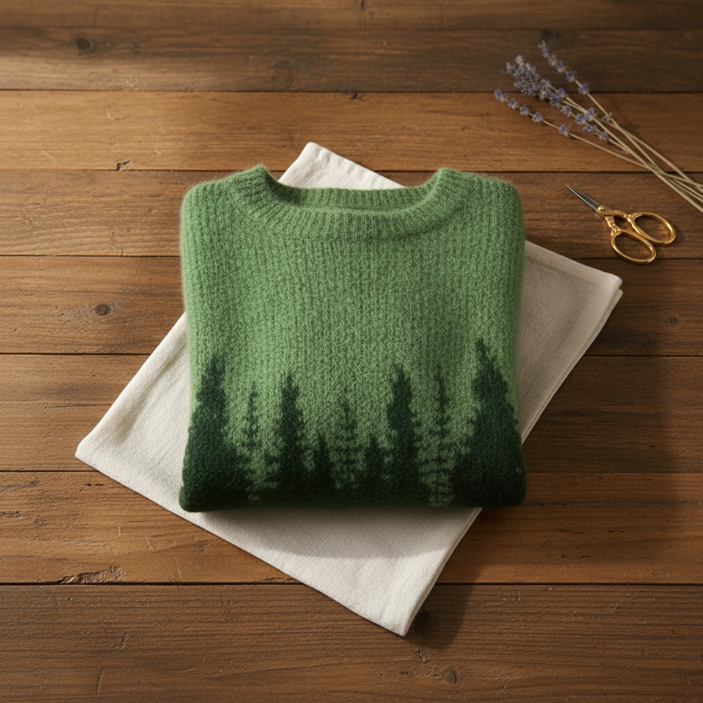 Baumwoll-Mohair-Pullover Grün mit Tannenmuster