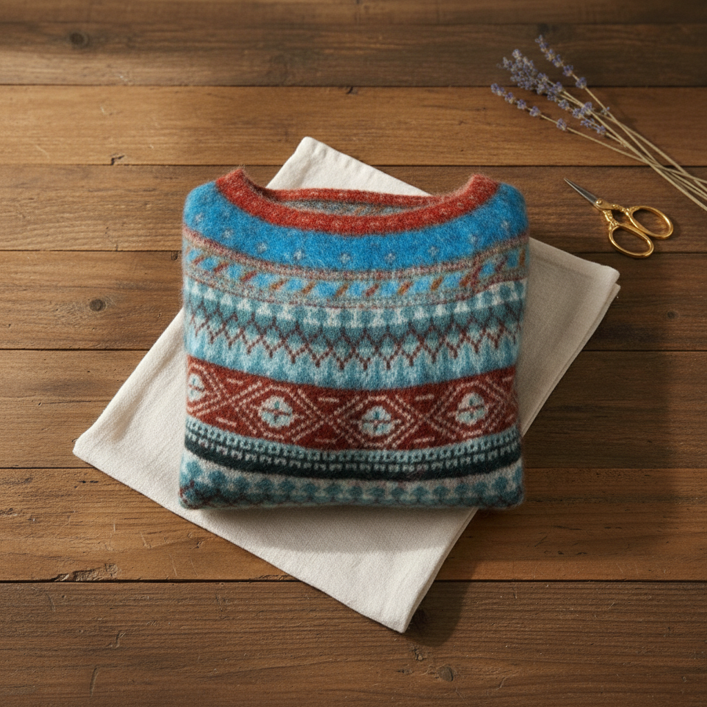 Katoenen Trui Blauw-Rood met Fair Isle Banden