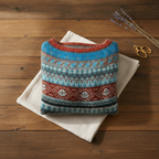Maglione in Cotone Blu-Rosso con Bande Fair Isle