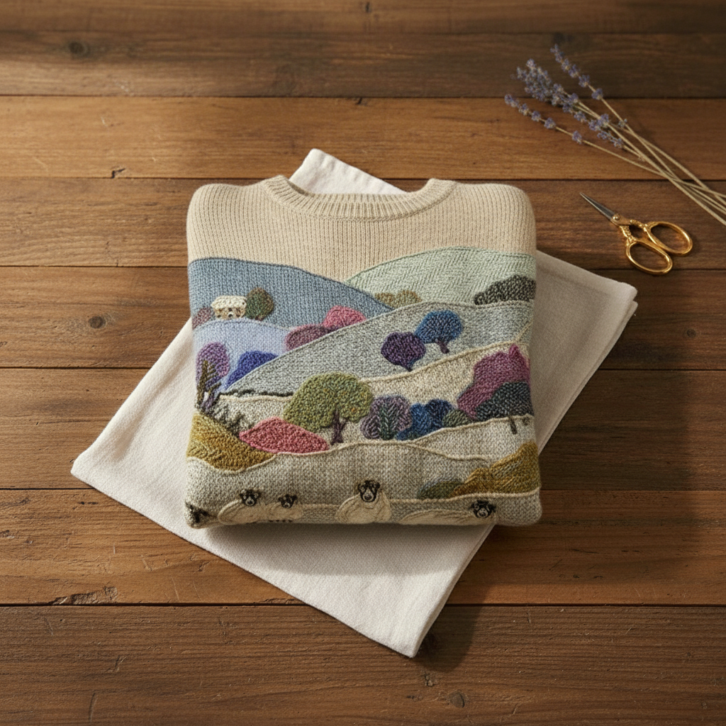 Katoenen Trui Veelkleurig met Landschap & Schapenpatroon