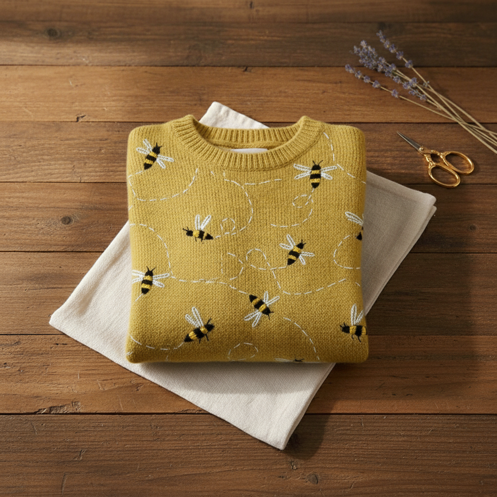 Baumwollpullover Senfgelb mit Bienenmuster