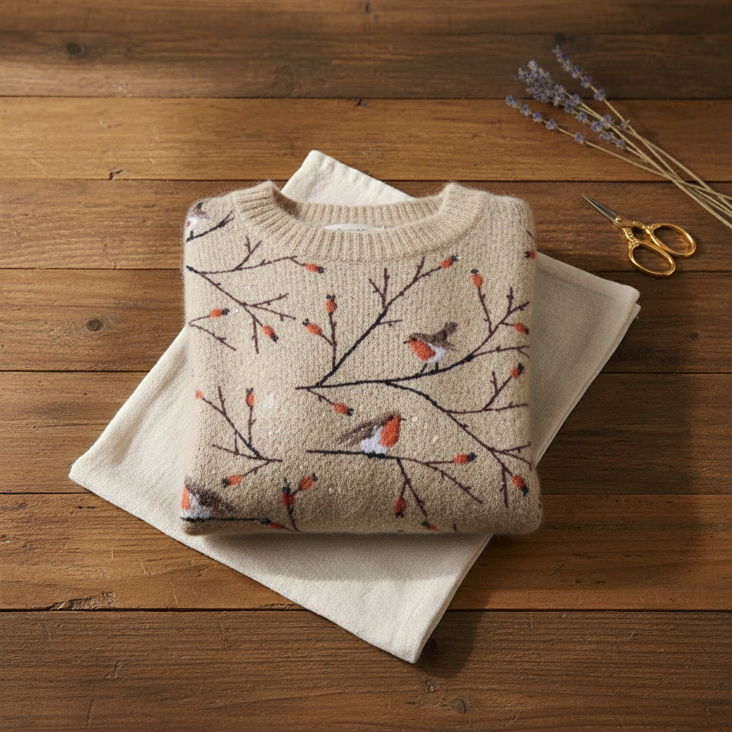 Baumwollpullover Creme mit Rotkehlchen- & Zweigmuster