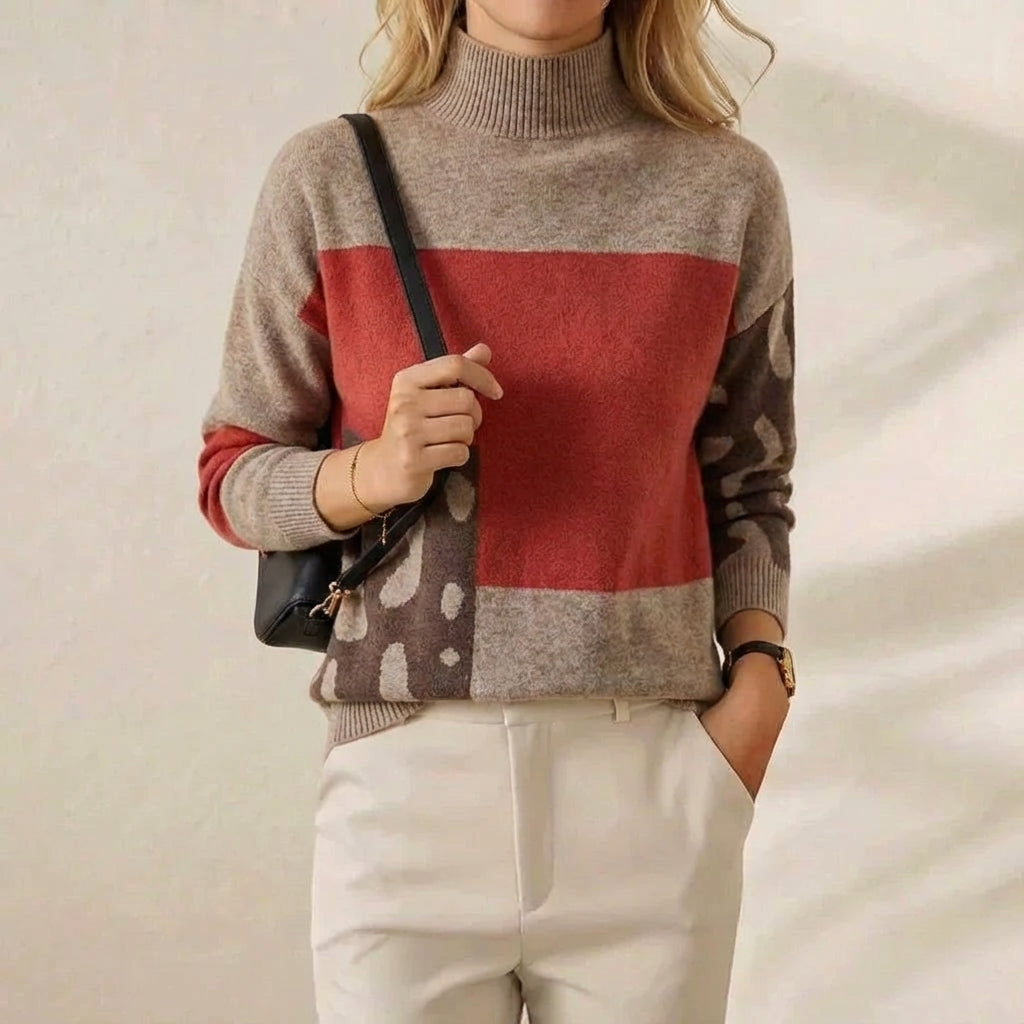 Kasjmier trui met ronde hals en kleurblokpatroon