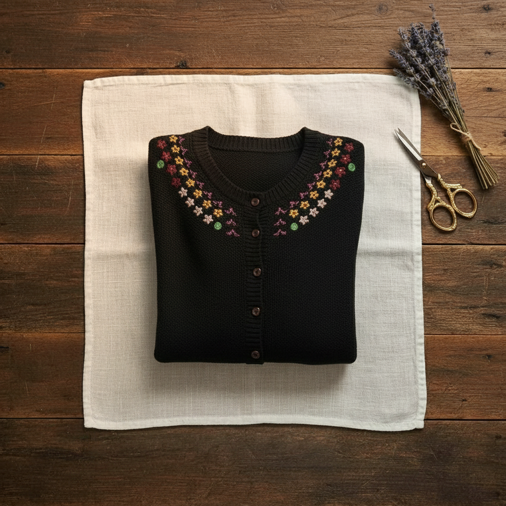 Cárdigan de cachemir con cuello redondo y escote bordado