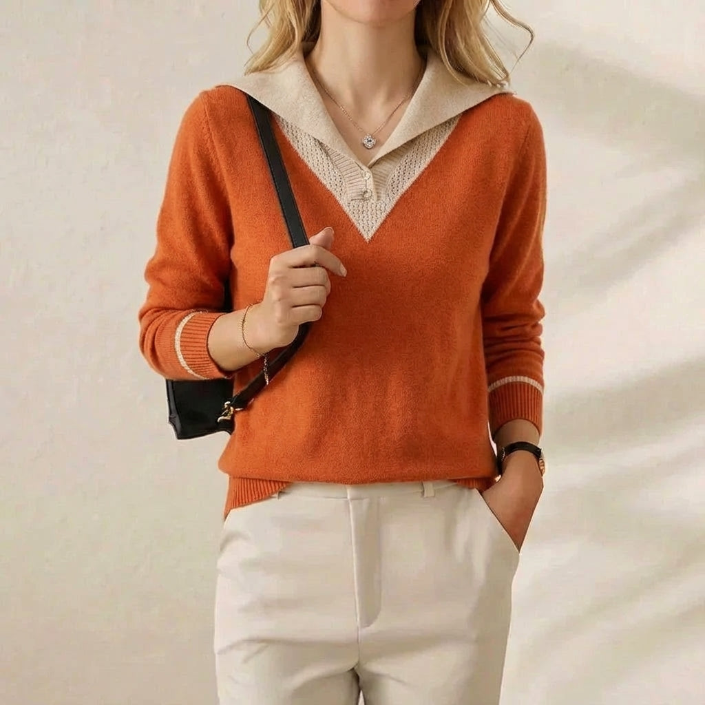 Kasjmier trui met V-hals en contrasterende kraag