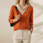 Kaschmirpullover mit V-Ausschnitt und Kontrastkragen