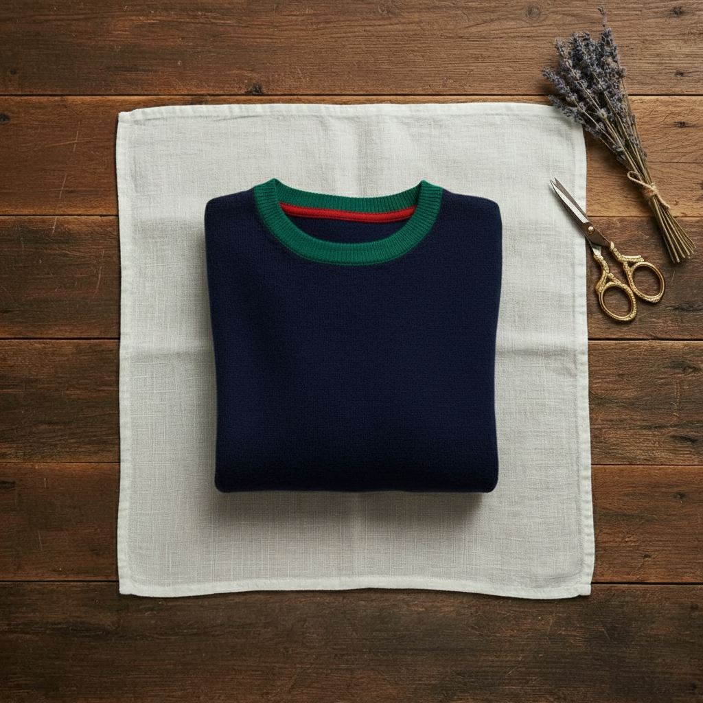 Jersey de cachemira con cuello redondo y puños a rayas