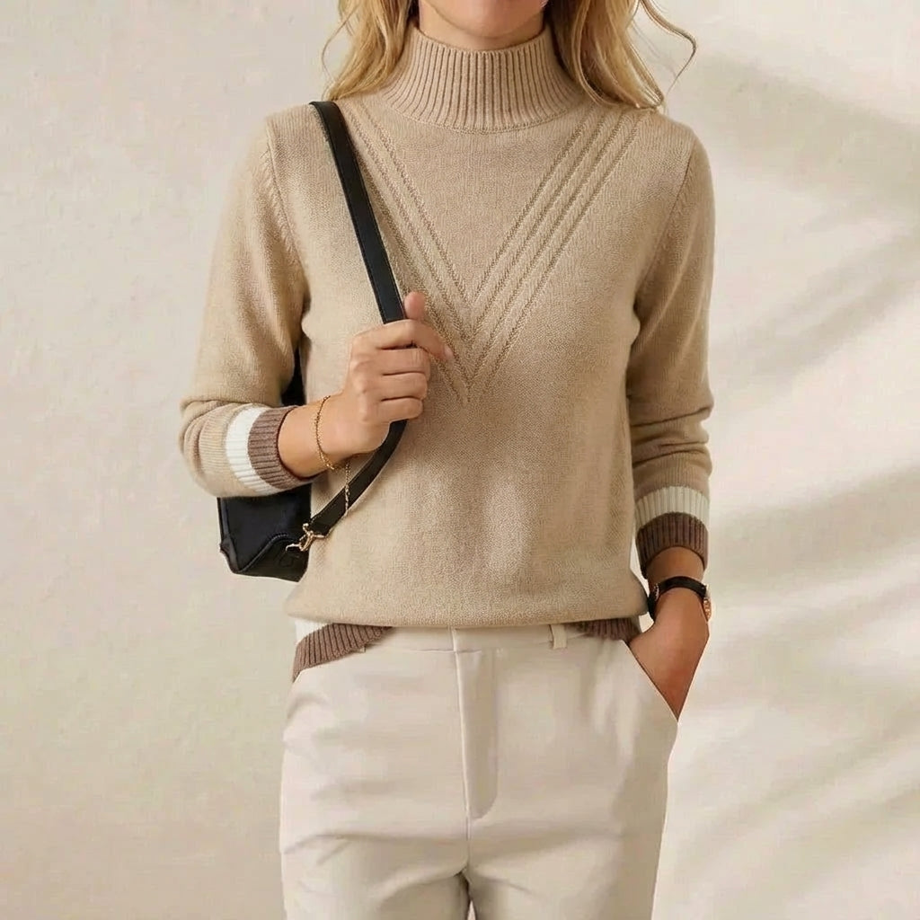 Pull à col roulé en cachemire avec poignets rayés