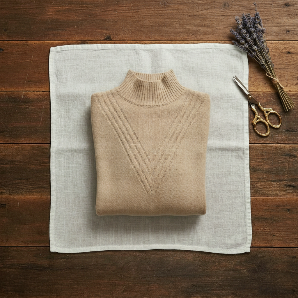 Jersey de cuello alto de cachemir con puños a rayas