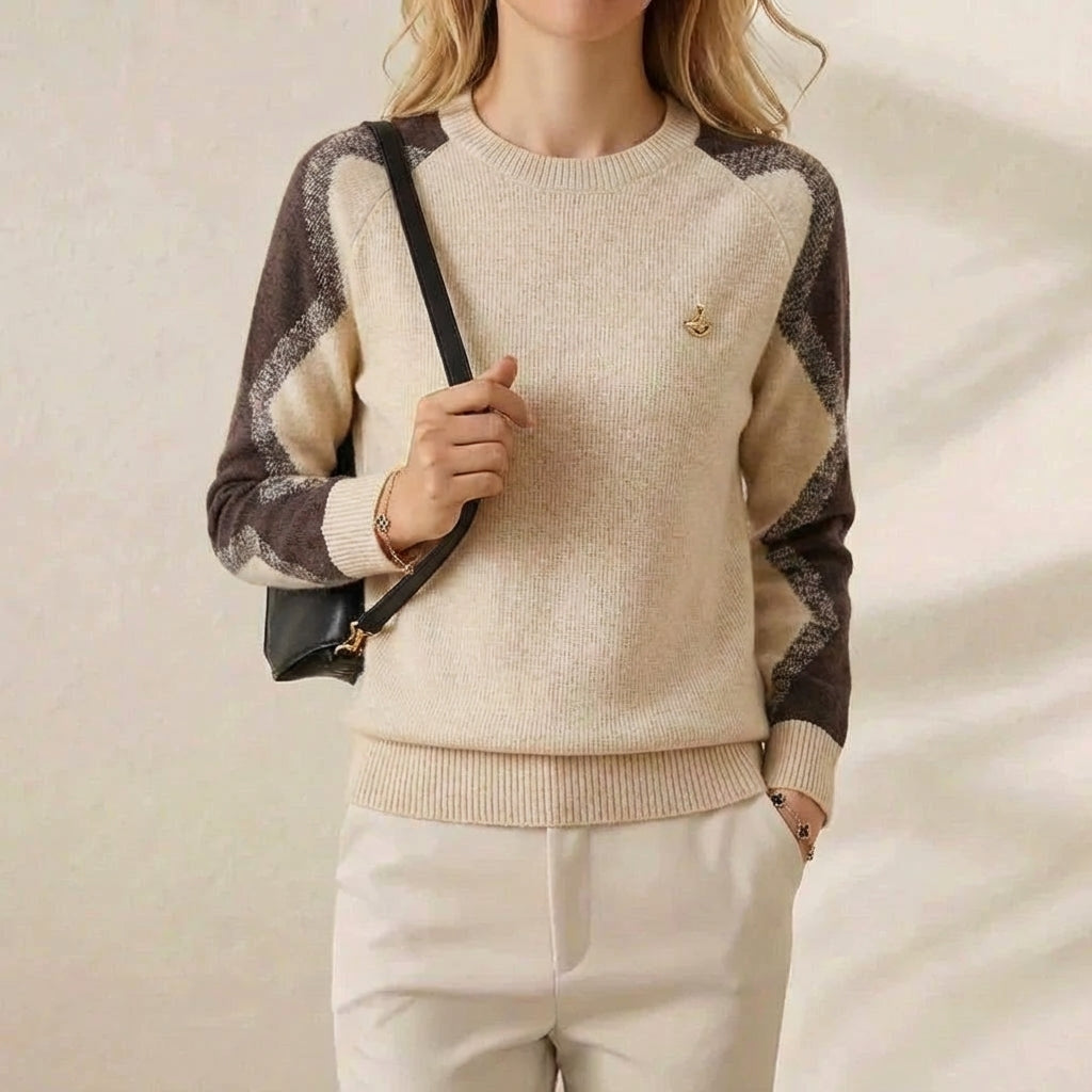 Kaschmirpullover mit Rundhalsausschnitt und Kontrastärmeln